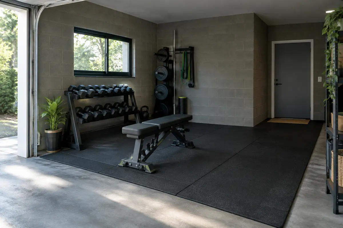 Home gym aménagé dans un garage avec haltères rangés, dalles de sol et passage dégagé