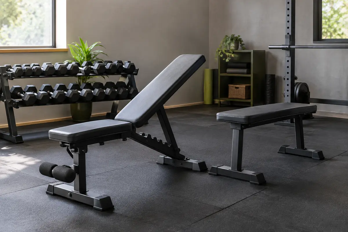 Banc plat et banc inclinable côte à côte dans un espace de musculation domestique rangé