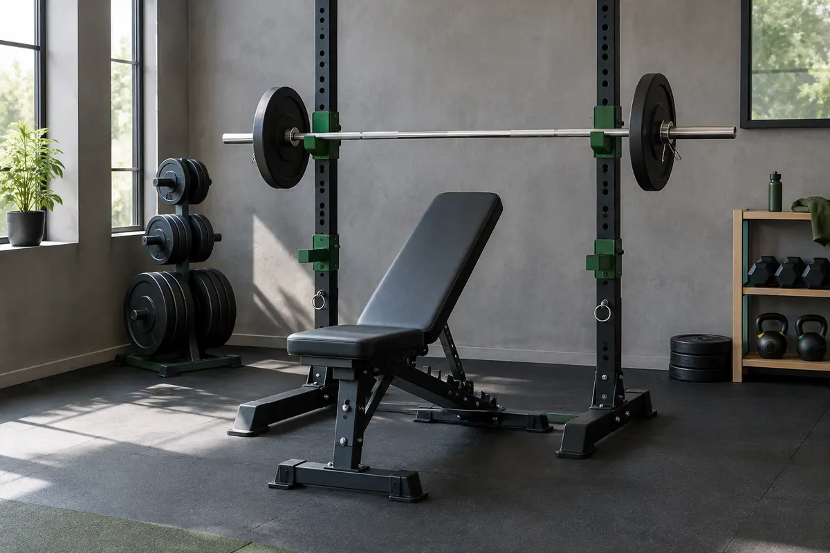 Banc de musculation stable, supports verrouillés et zone d’exercice dégagée dans un espace domestique rangé