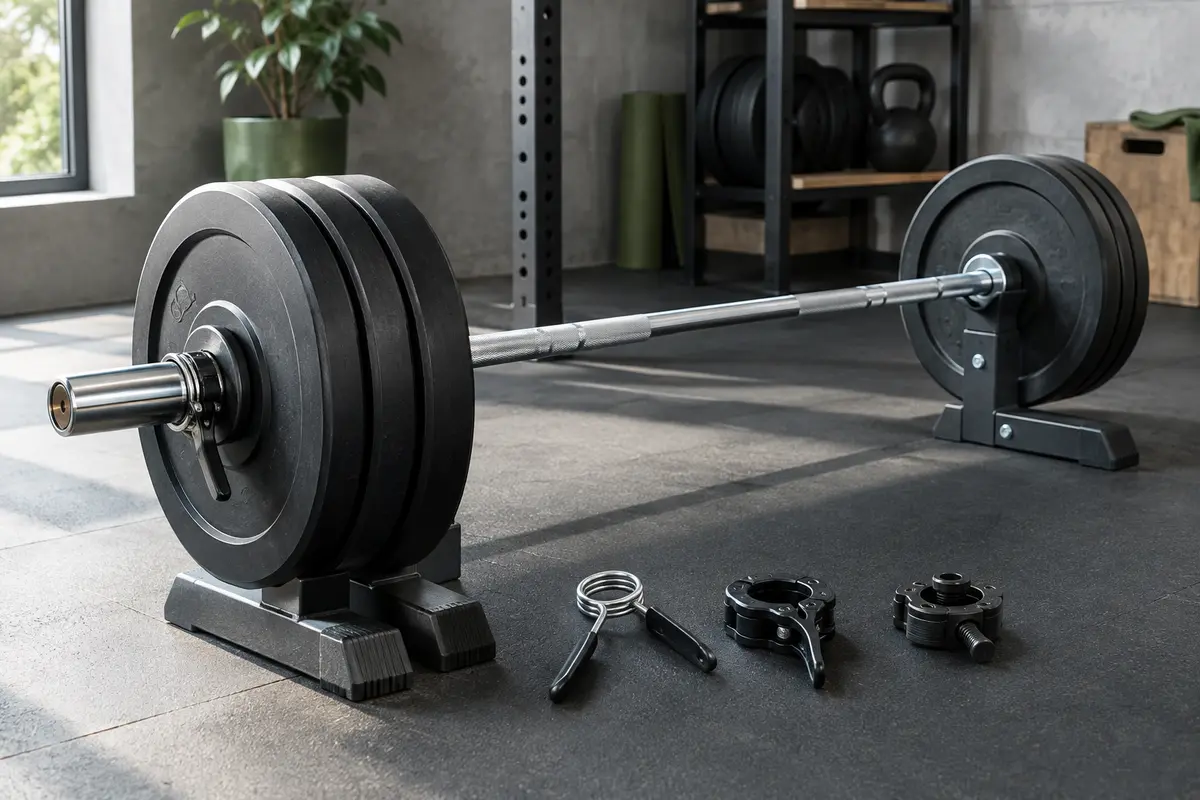 Barre de musculation chargée et différents colliers de serrage illustrant plusieurs systèmes de fermeture.
