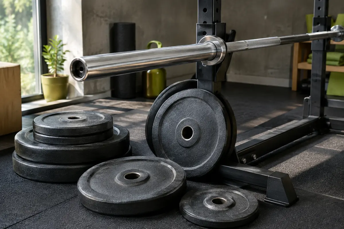 Barre de musculation et disques de fonte posés côte à côte pour comparer l’alésage et le diamètre des manchons
