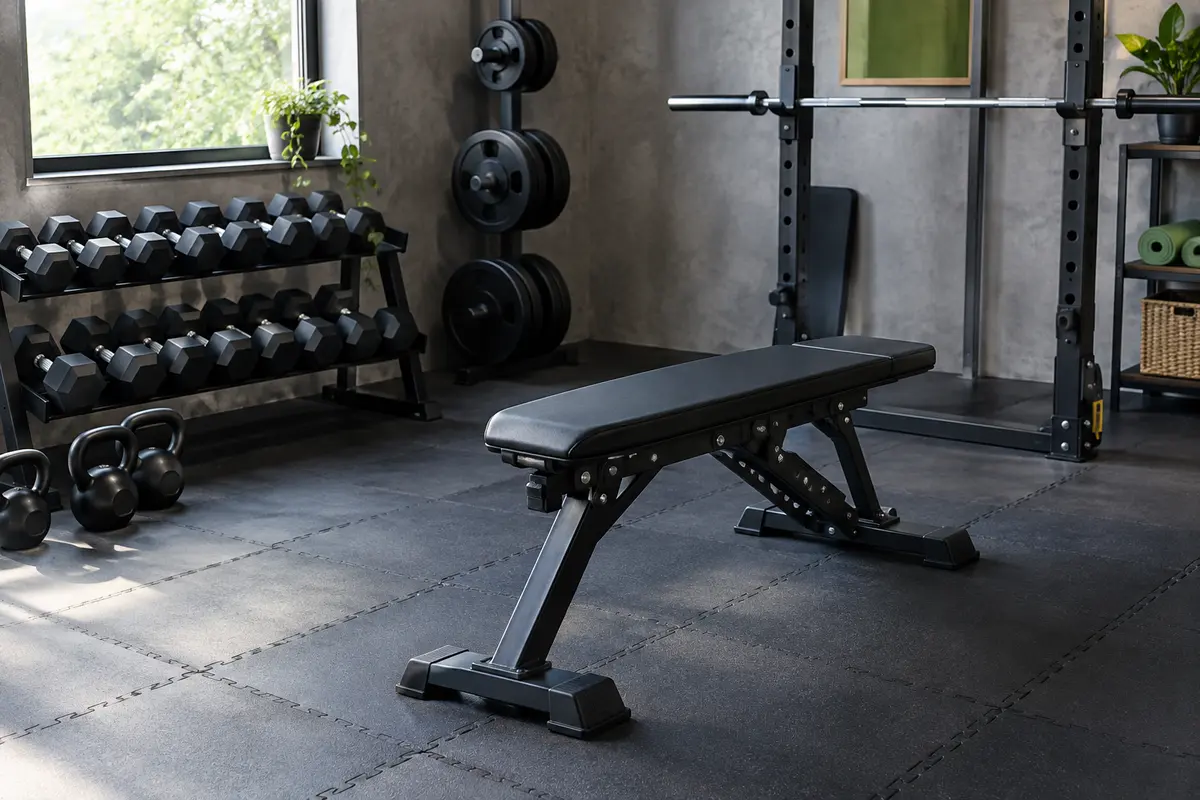 Dalles de protection sombres sous un banc stable et des haltères rangés dans un home gym