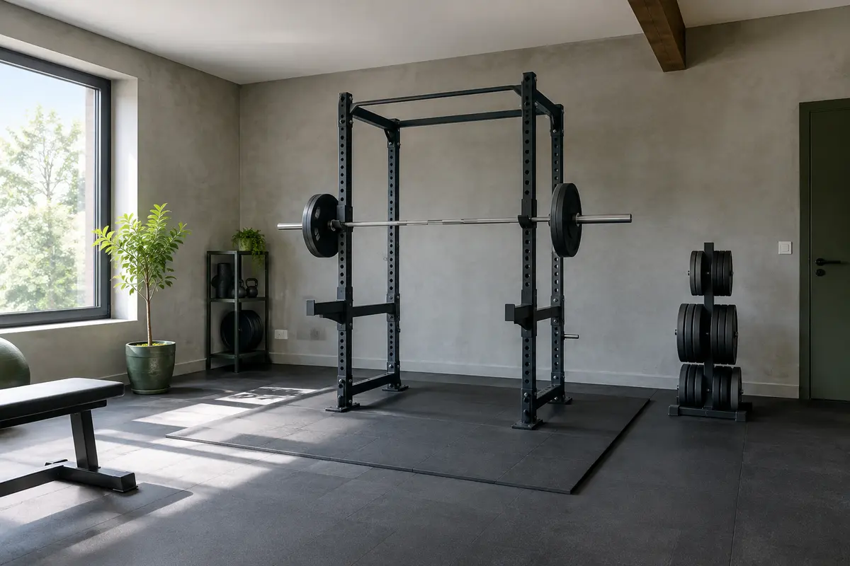 Cage à squat installée dans une pièce dégagée avec sol protégé et espace libre autour