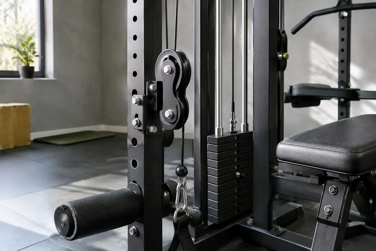 Détail d’un câble guidé par une poulie sur une station de musculation à domicile