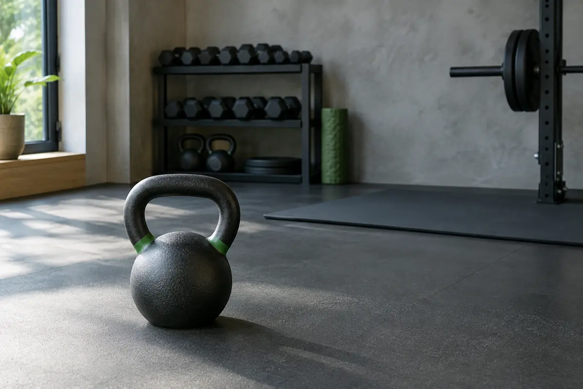 Kettlebell en fonte posée dans un espace de musculation à domicile dégagé et stable