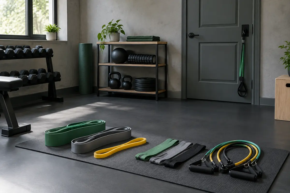 Bandes élastiques de plusieurs formats disposées près d’un ancrage de porte dans un espace de musculation à domicile
