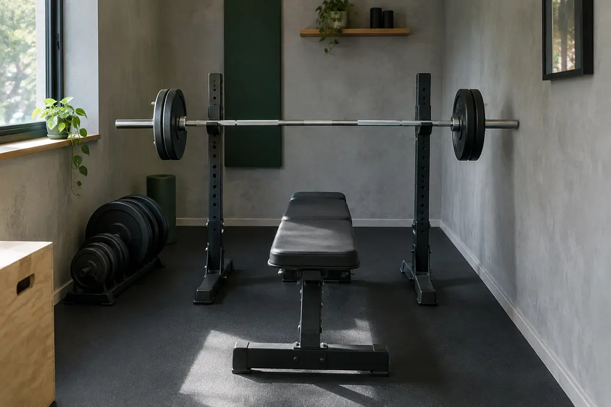 Barre de musculation sur supports près d’un banc dans une pièce étroite avec passage dégagé