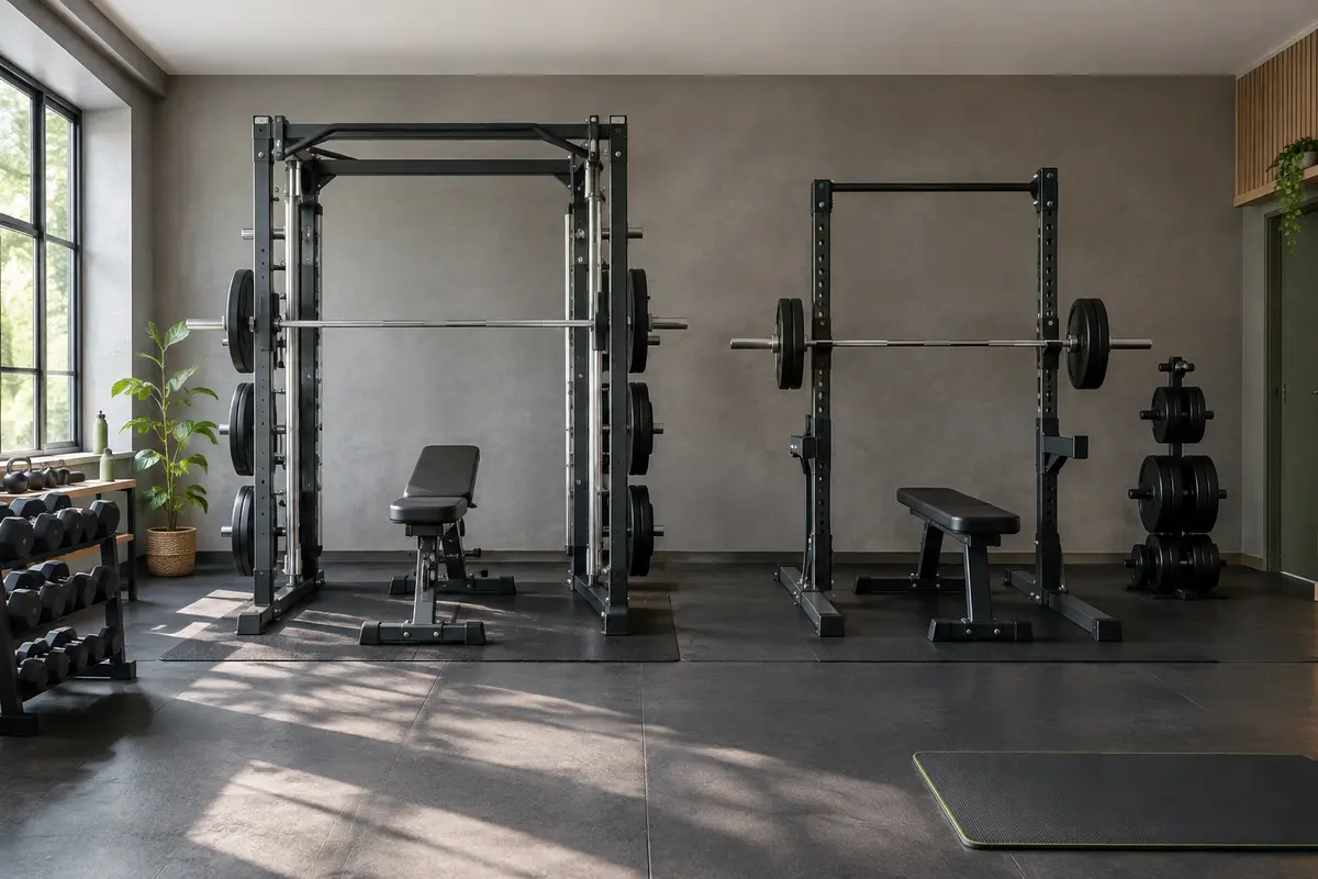 Machine Smith et barre libre installées dans un home gym avec espace de circulation dégagé