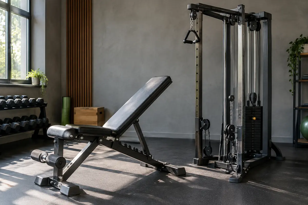 Banc réglable et station à poulie d’occasion inspectés dans un home gym domestique