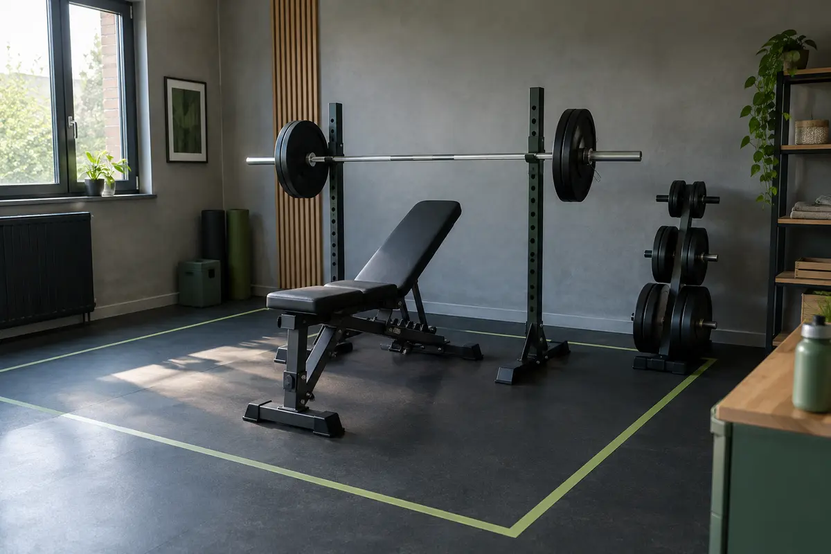 Banc de musculation et barre installés dans une pièce, avec leur zone au sol délimitée par du ruban