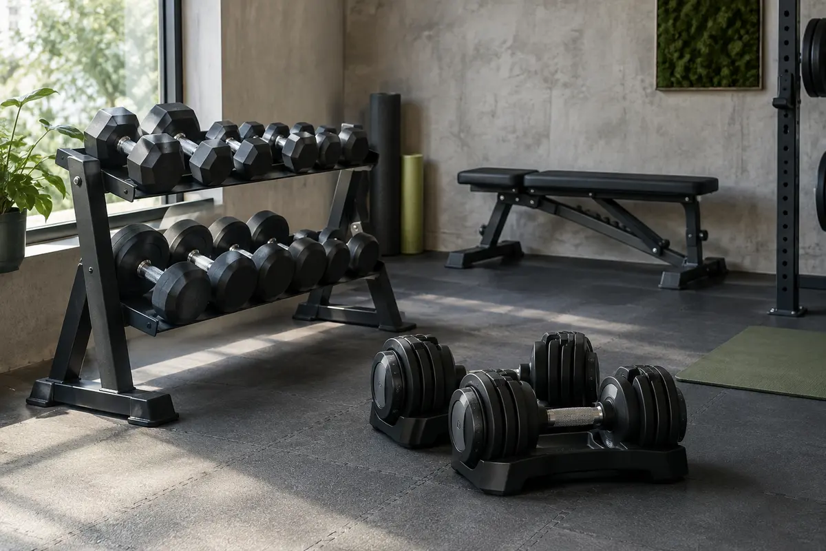 Haltères fixes et réglables rangés près d’un banc dans un espace de musculation à domicile