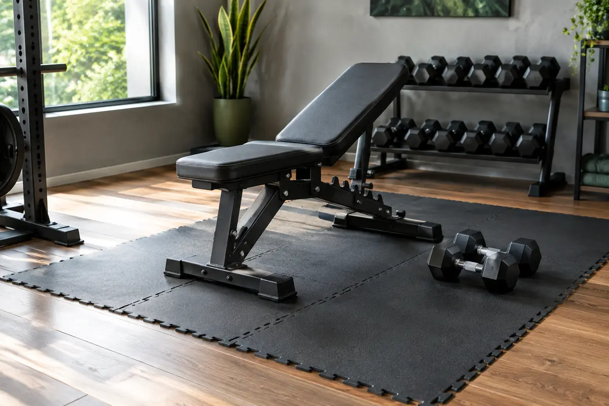 Dalles de protection sous un banc et des haltères dans un home gym aménagé sur parquet
