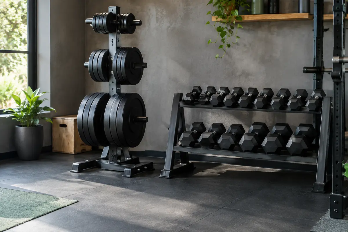 Support stable avec disques de musculation rangés par taille et haltères accessibles dans un espace dégagé