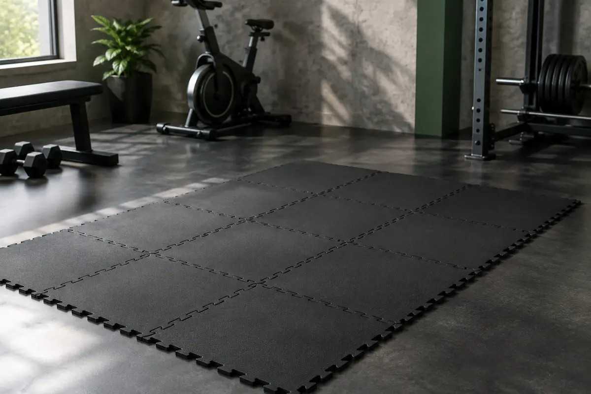 Dalles puzzle noires en mousse EVA assemblées au sol dans un home gym, près d’un appareil de cardio.