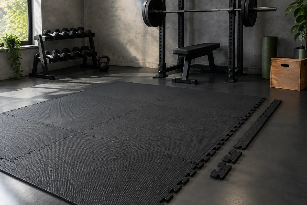 Dalles de sol noires en EVA emboîtées dans un home gym, avec leurs embouts de finition.