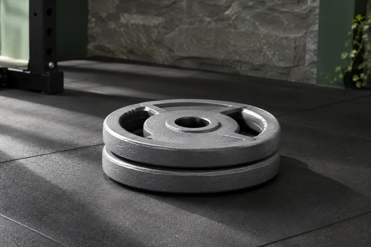 Paire de disques gris en fonte de 5 kg empilés dans un home gym, avec leur alésage central visible.