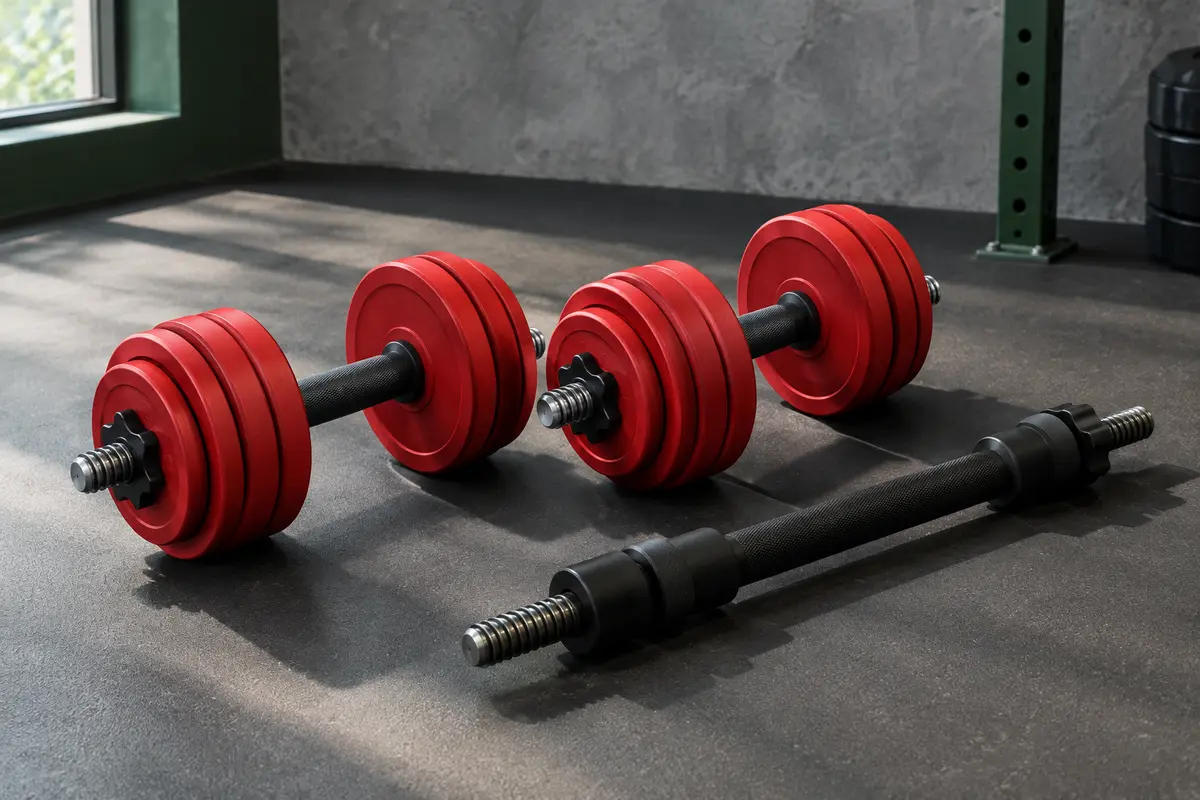 Deux haltères réglables à plaques rouges et leur barre de connexion dans un home gym sobre.
