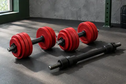 Deux haltères réglables à plaques rouges et leur barre de connexion dans un home gym sobre.