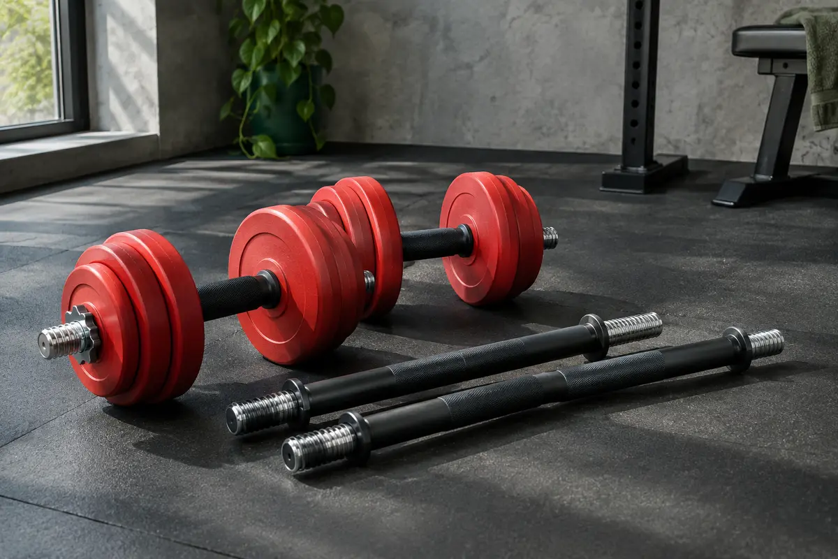 Deux haltères réglables à disques rouges et barres raccordables dans un home gym sobre