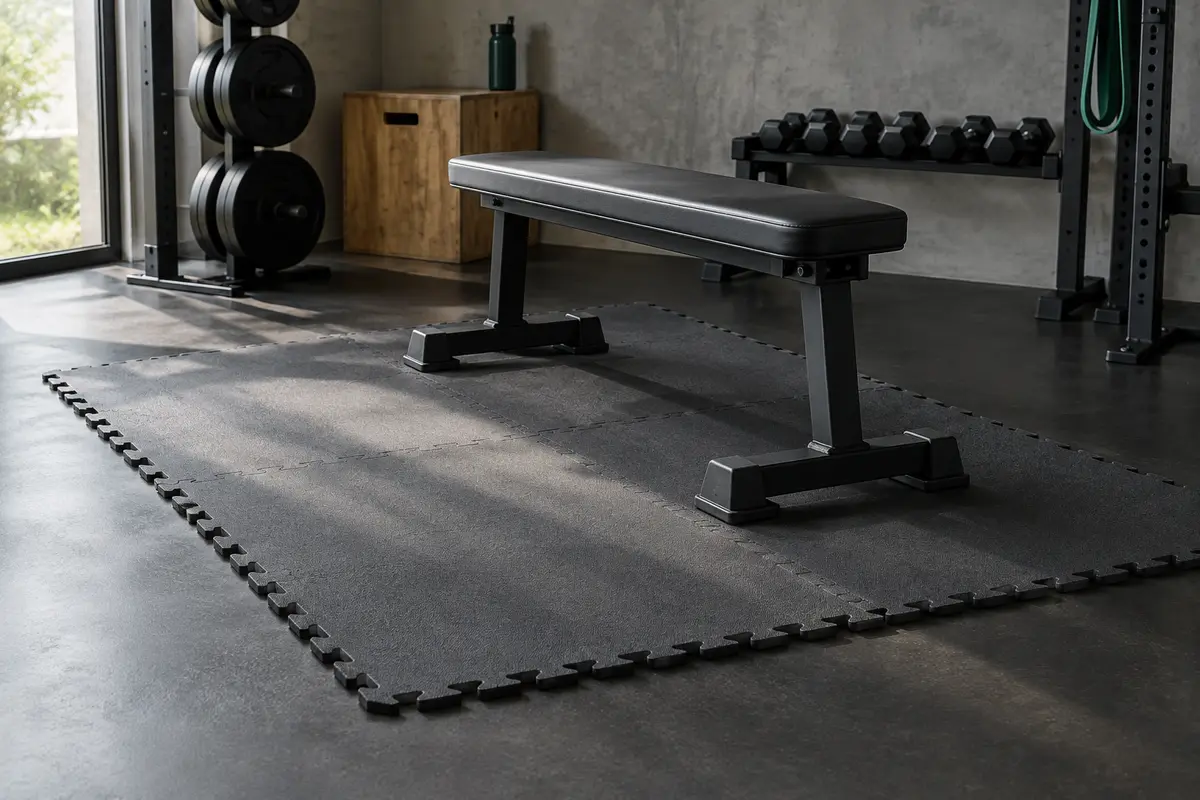 Dalles puzzle EVA anthracite assemblées sous un banc dans un home gym sobre