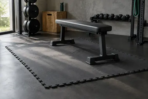 Dalles puzzle EVA anthracite assemblées sous un banc dans un home gym sobre