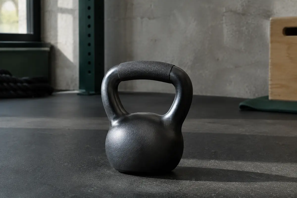 Kettlebell de 2 kg à revêtement plastique posée sur le sol sombre d’un home gym.
