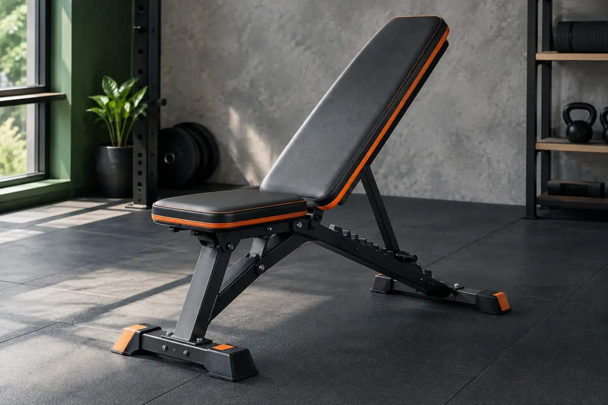 Banc de musculation pliable noir et orange avec dossier réglable, installé dans un home gym sobre