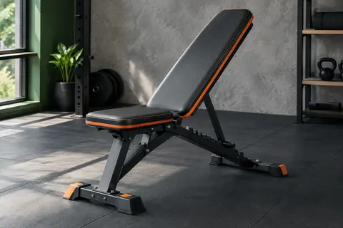 Banc de musculation pliable noir et orange avec dossier réglable, installé dans un home gym sobre