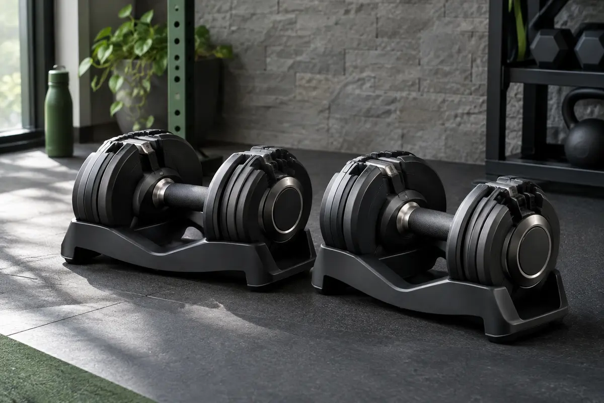 Paire d’haltères réglables noires avec poignées en caoutchouc et supports de rangement dans un home gym