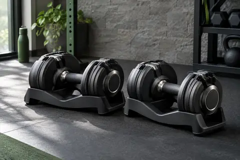Paire d’haltères réglables noires avec poignées en caoutchouc et supports de rangement dans un home gym