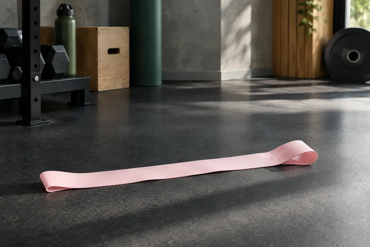 Bande élastique plate rose pâle de résistance très légère posée dans un home gym sobre
