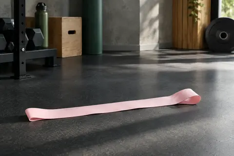 Bande élastique plate rose pâle de résistance très légère posée dans un home gym sobre