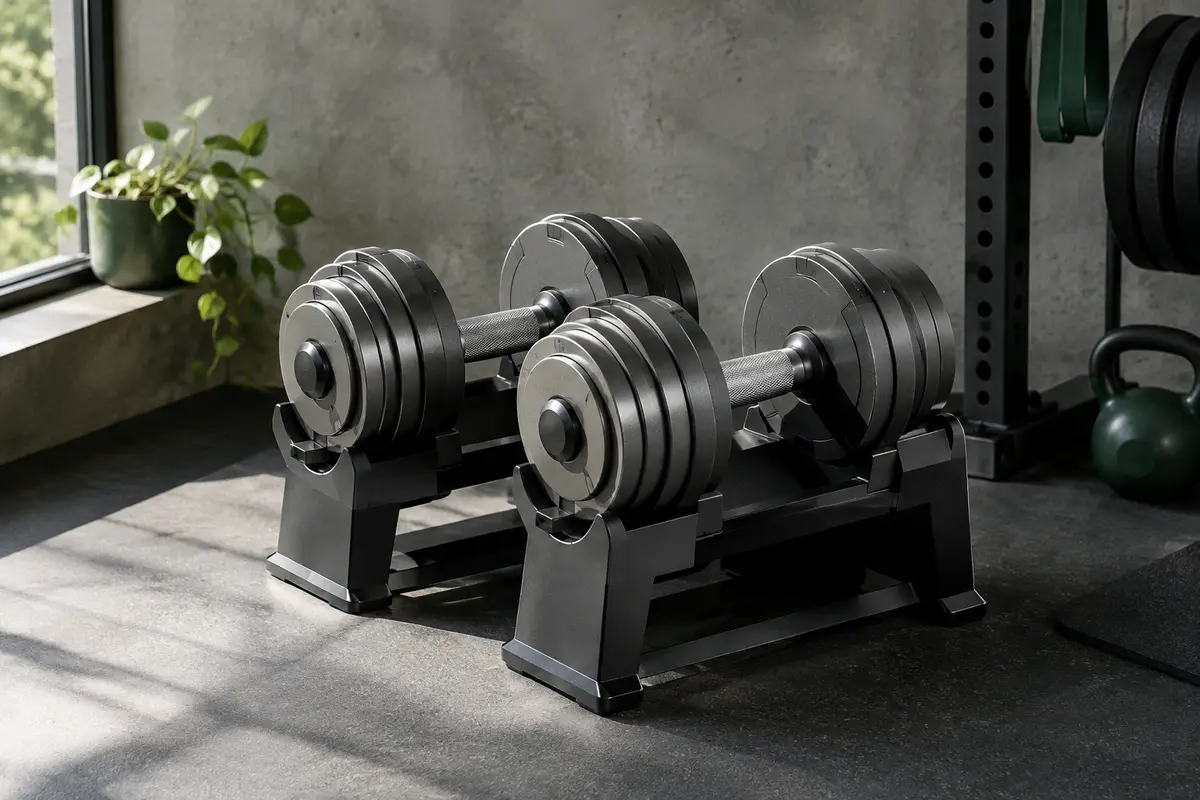 Paire d’haltères réglables avec plaques métalliques et base de rangement dans un home gym sobre.