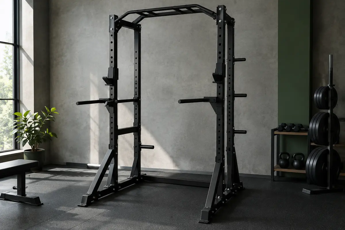Station de traction pliable noire DH FitLife avec barres de dips et supports pour barre dans un home gym