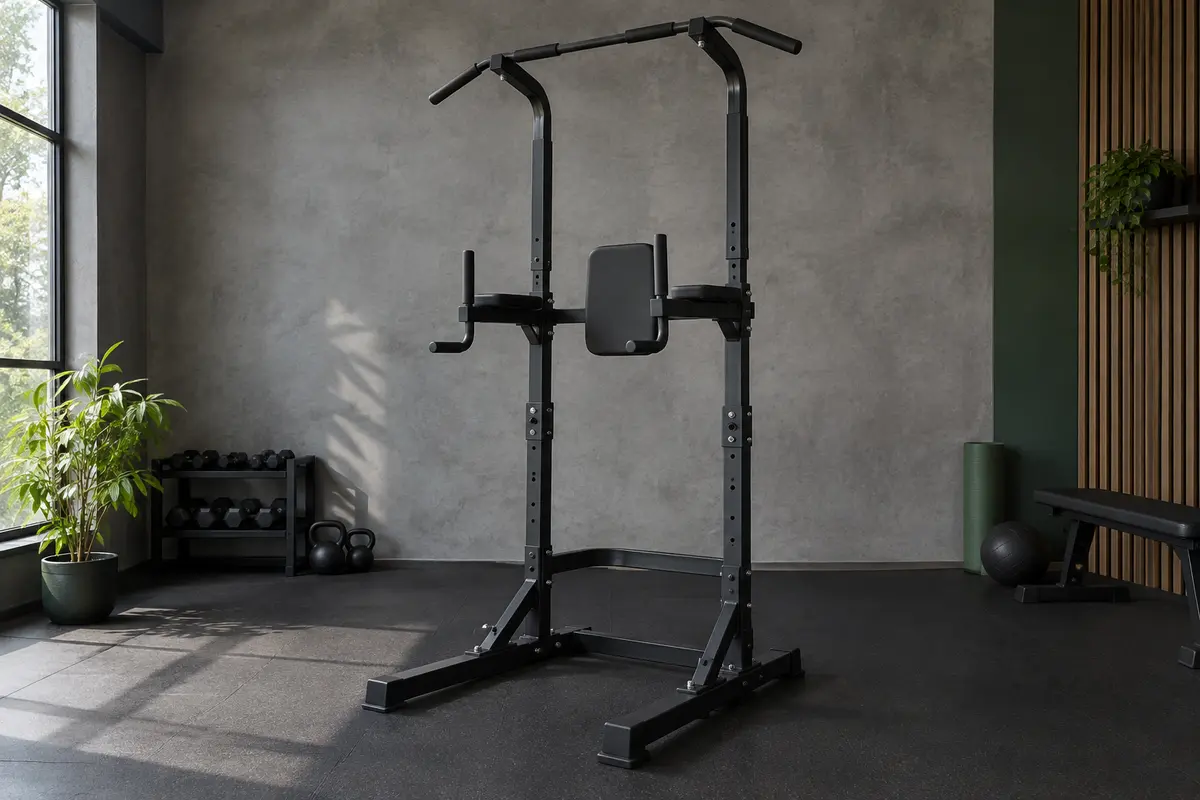 Station de traction DH FitLife noire avec base en H, barre inclinée et poignées antidérapantes dans un home gym