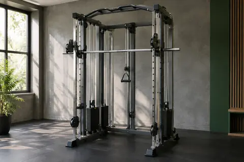 Machine Smith Dione S2 grise avec croisillon de câble dans un home gym sobre au sol sombre.