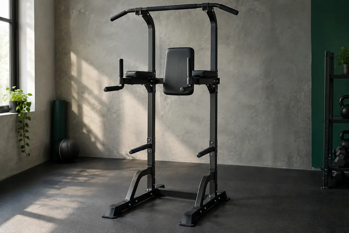 Chaise romaine réglable avec barre de traction, accoudoirs rembourrés et poignées de résistance dans un home gym.