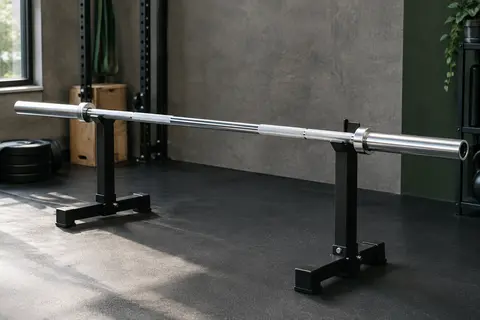 Barre olympique chromée de 180 cm avec prise moletée, posée sur un support dans un home gym sobre.