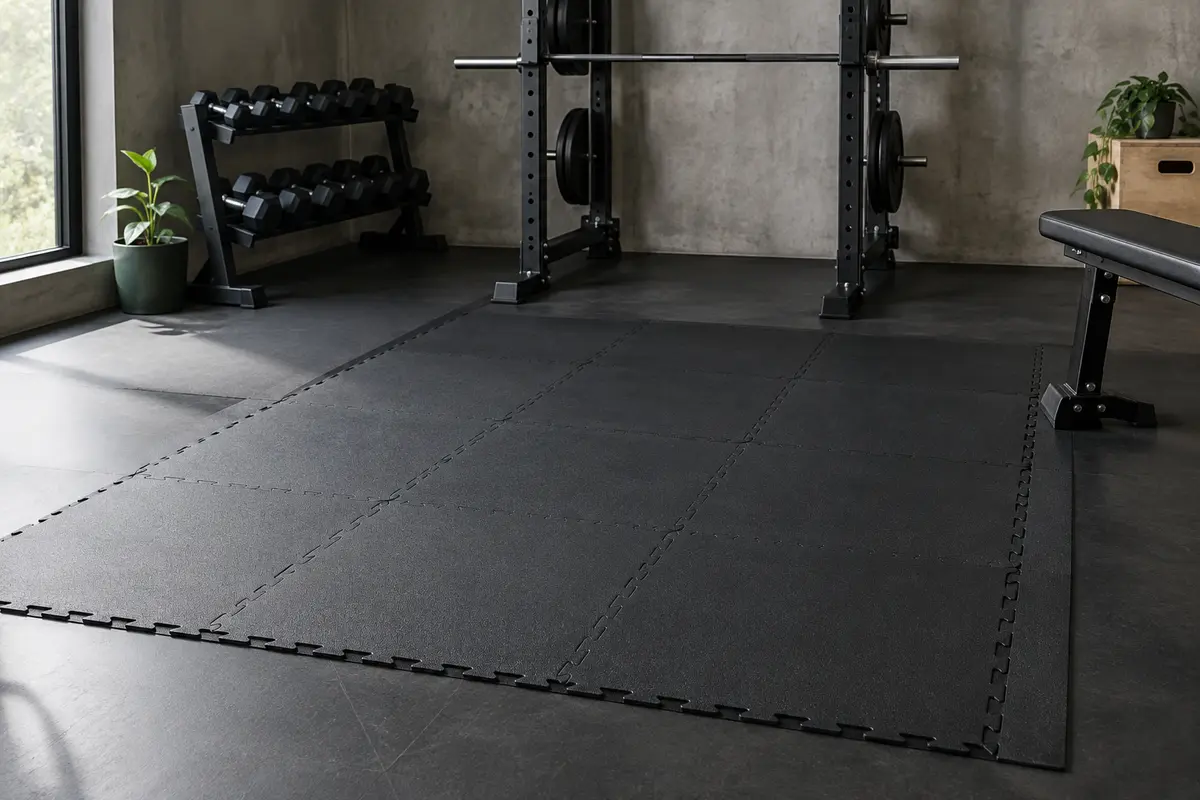 Dalles puzzle en EVA noir assemblées au sol d’un home gym, avec leurs bordures de finition.