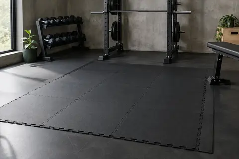 Dalles puzzle en EVA noir assemblées au sol d’un home gym, avec leurs bordures de finition.