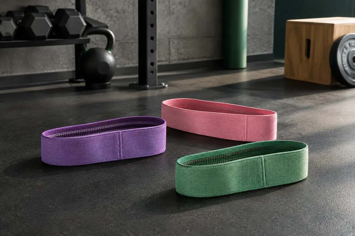 Trois bandes élastiques de musculation en tissu violet, rose et vert posées sur un sol sombre