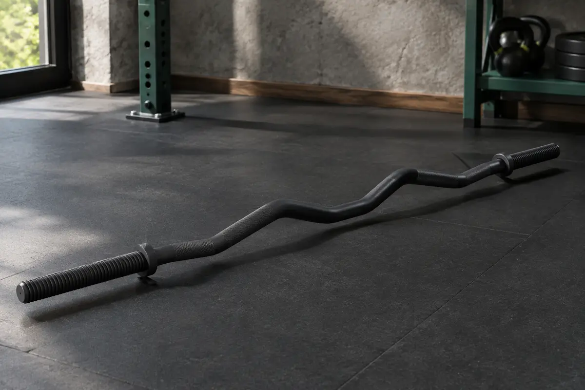 Barre de curl courbée noire avec moletage diamant et extrémités filetées dans un home gym