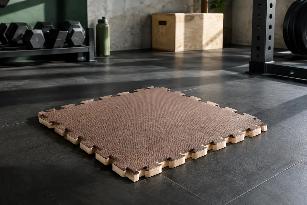 Dalle puzzle de protection en mousse EVA marron et beige, texturée et posée sur le sol d’un home gym