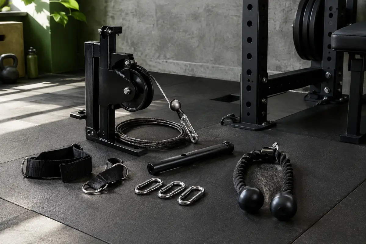 Kit de poulie de musculation noir avec câble en acier, sangles, mousquetons et corde à triceps