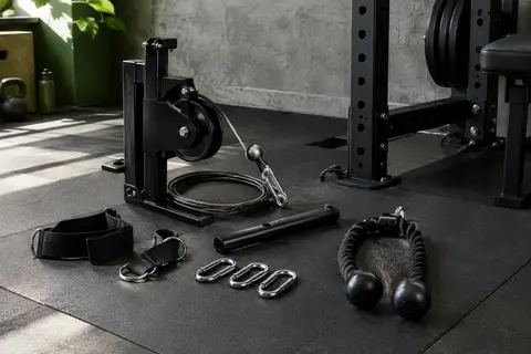 Kit de poulie de musculation noir avec câble en acier, sangles, mousquetons et corde à triceps
