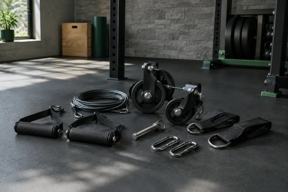 Kit de poulie de musculation noir avec câble en acier, poignées, sangles et mousquetons dans un home gym