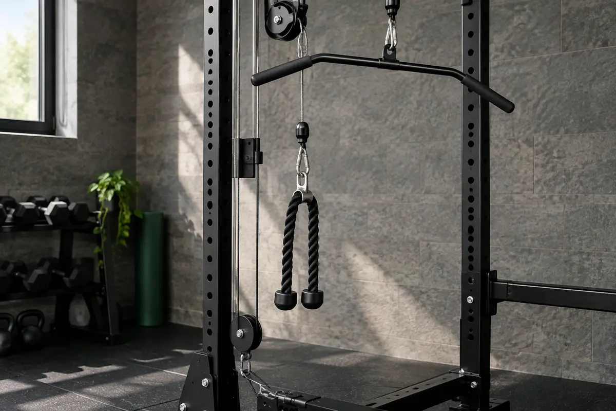 Kit de poulie de musculation noir avec barre de tirage et corde à triceps installé sur un rack