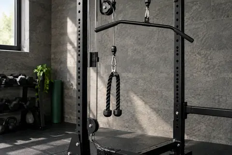 Kit de poulie de musculation noir avec barre de tirage et corde à triceps installé sur un rack