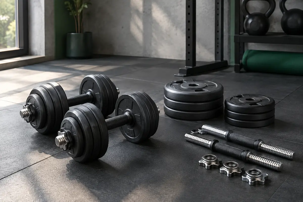Kit d’haltères réglables Feierdun avec disques en PE et éléments métalliques dans un home gym sobre.