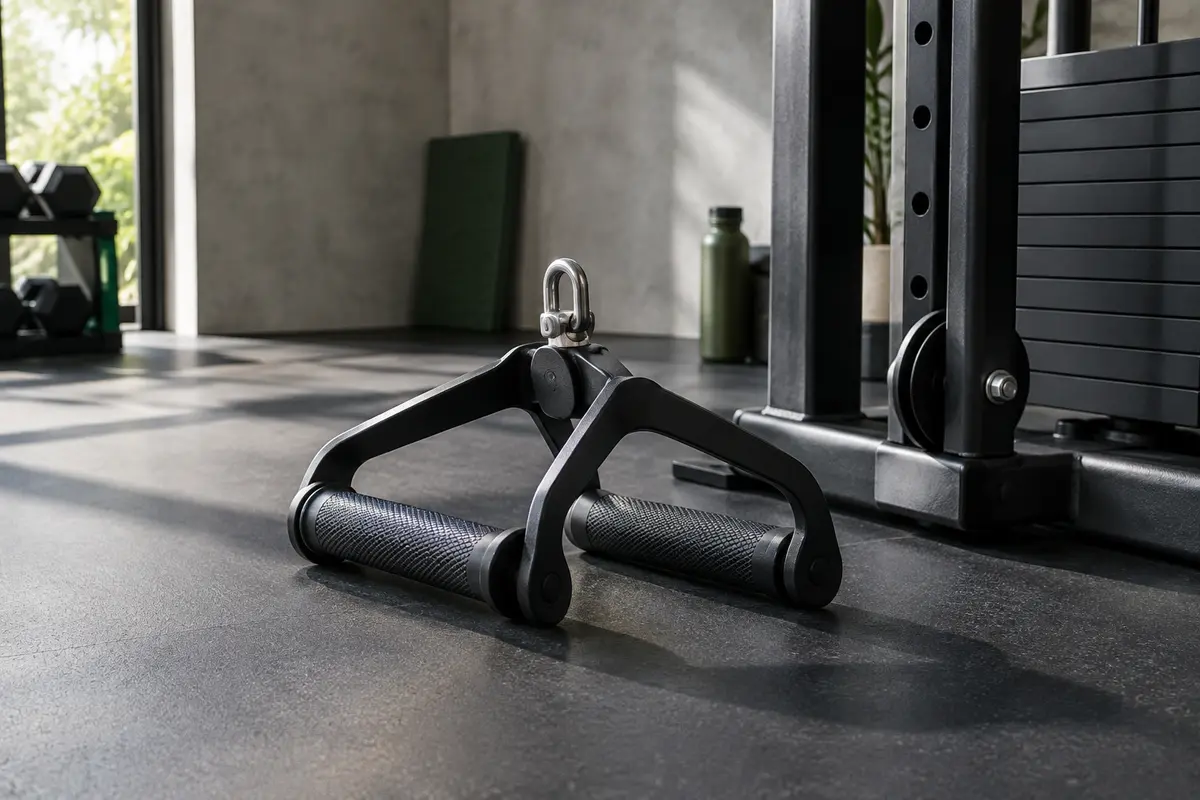 Poignée double en D en acier noir mat avec prises en caoutchouc texturé dans un home gym